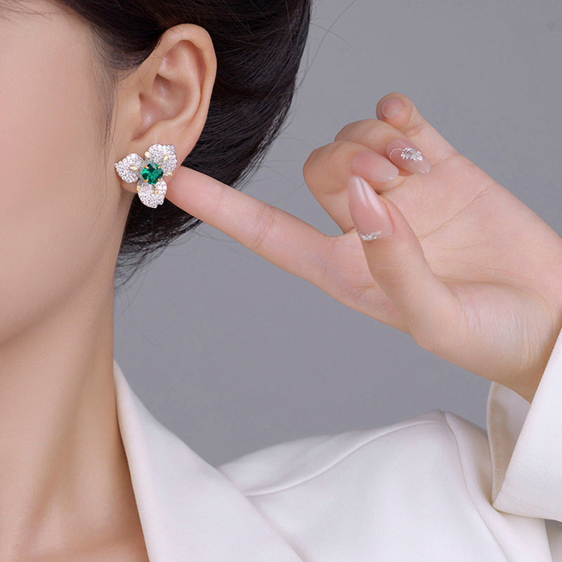 European Emerald Zircon Flower Earrings: Light Luxury, Unique Design
