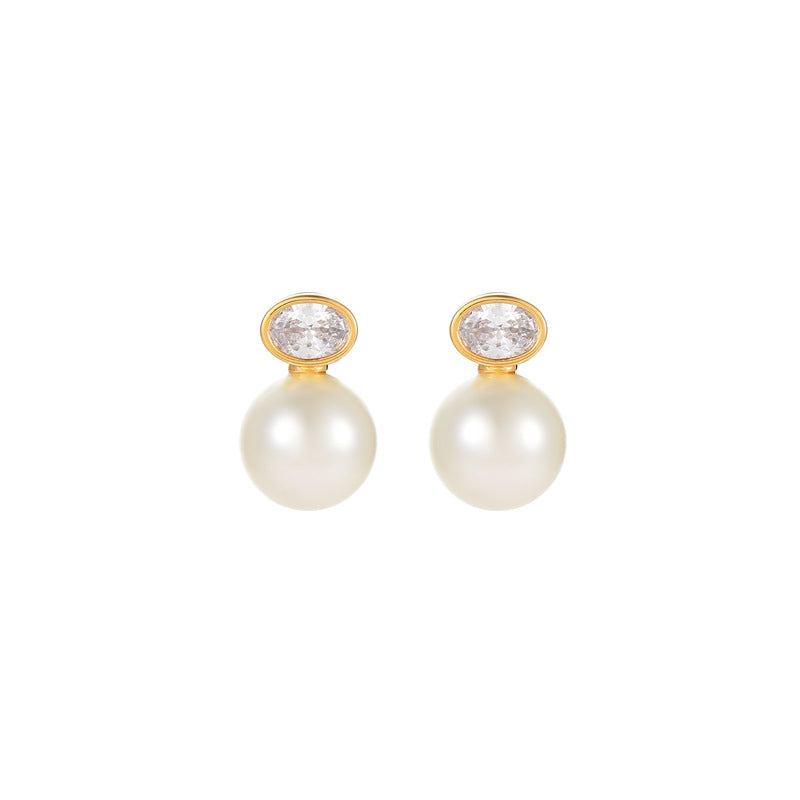 French Zircon Oval Pearl Earrings: Light Luxury, Retro, High-End