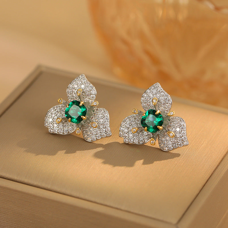 European Emerald Zircon Flower Earrings: Light Luxury, Unique Design