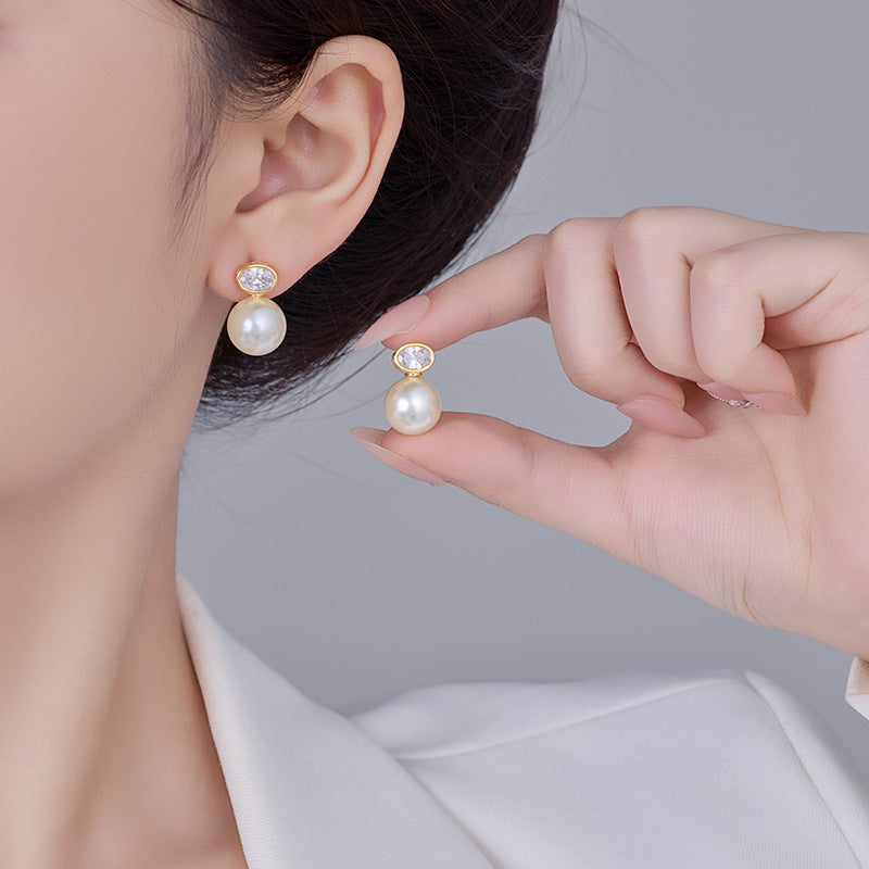 French Zircon Oval Pearl Earrings: Light Luxury, Retro, High-End
