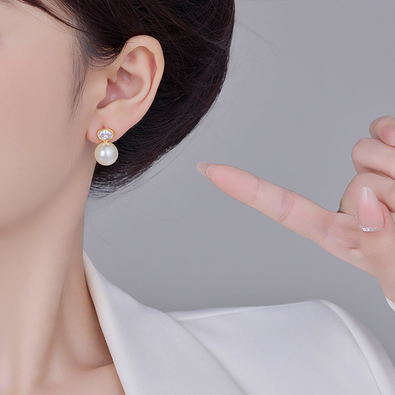 French Zircon Oval Pearl Earrings: Light Luxury, Retro, High-End