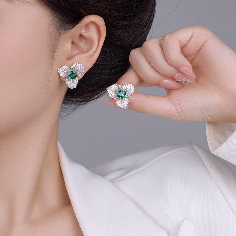 European Emerald Zircon Flower Earrings: Light Luxury, Unique Design