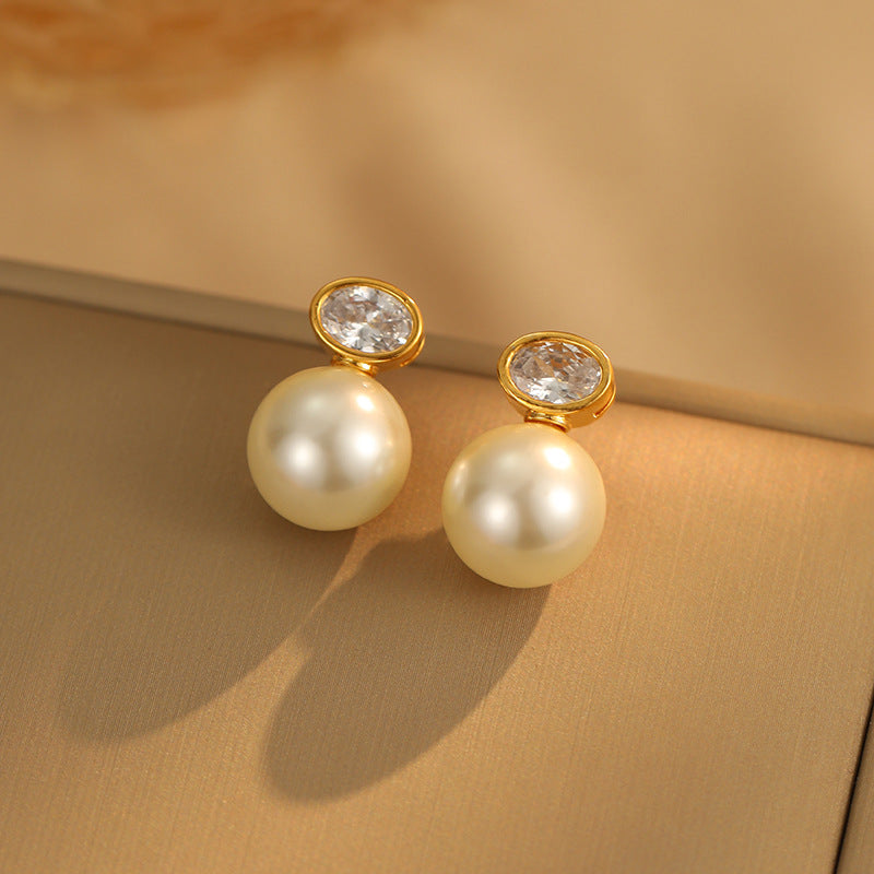 French Zircon Oval Pearl Earrings: Light Luxury, Retro, High-End