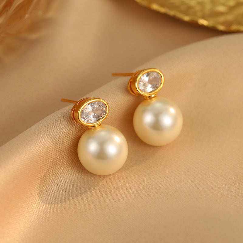 French Zircon Oval Pearl Earrings: Light Luxury, Retro, High-End