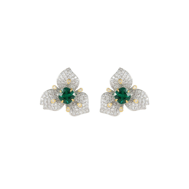 European Emerald Zircon Flower Earrings: Light Luxury, Unique Design