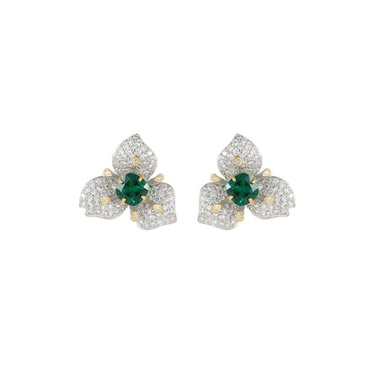 European Emerald Zircon Flower Earrings: Light Luxury, Unique Design