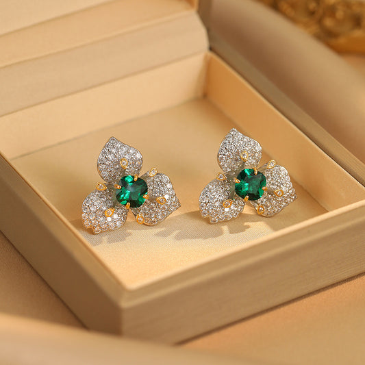 European Emerald Zircon Flower Earrings: Light Luxury, Unique Design