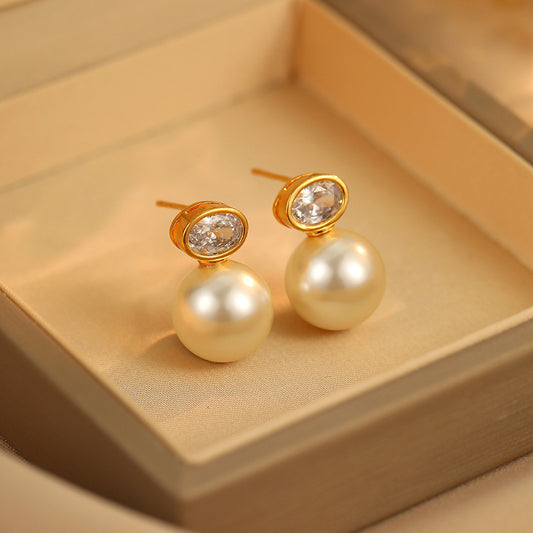 French Zircon Oval Pearl Earrings: Light Luxury, Retro, High-End