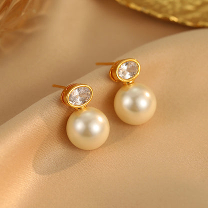 French Zircon Oval Pearl Earrings: Light Luxury, Retro, High-End